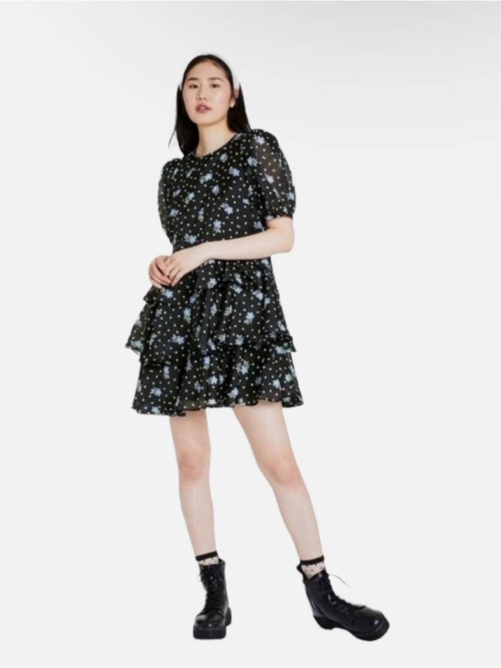 Sandy Liang x Target dress black floral print puff sleeves and tiered skirt
